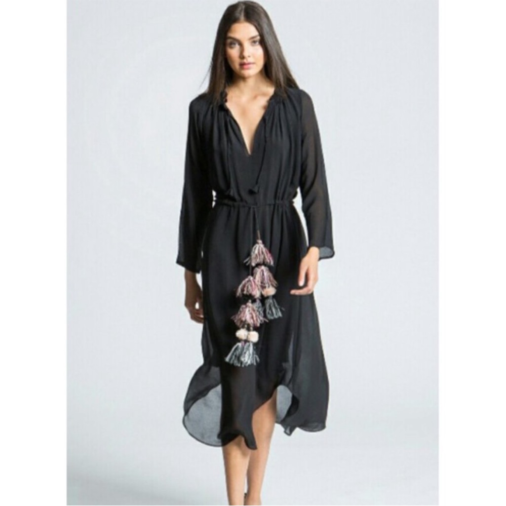 Misa Los Angeles Tanaz Tasseled Pom Pom Dress Xs Black Chiffon New